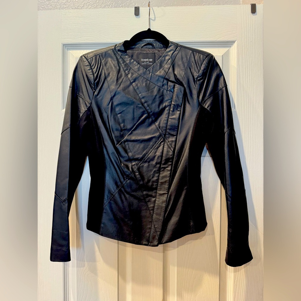 Bebe Genuine Leather Black Leather Motorcycle Jacket with Fabric Size Small